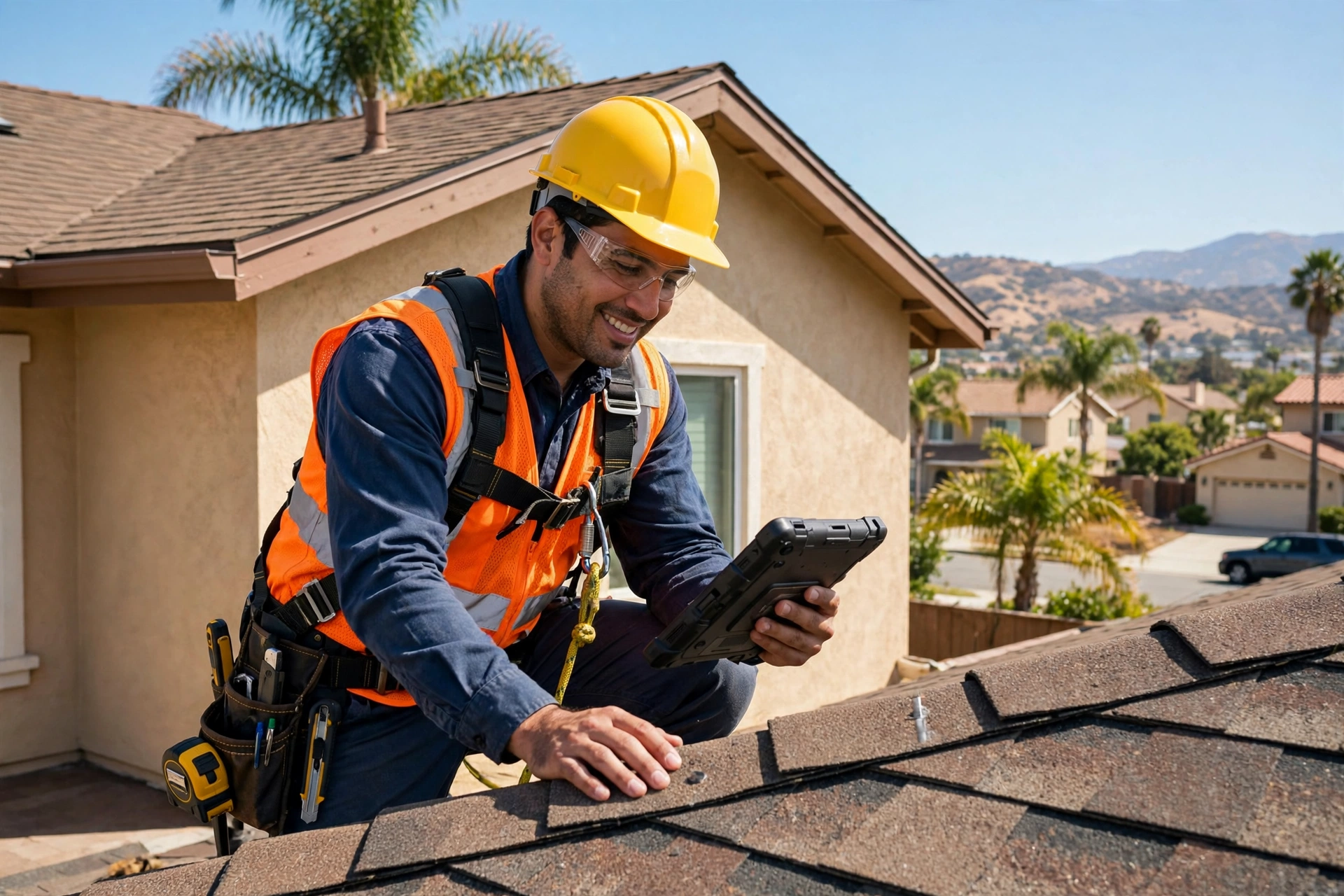 Roof Leak Repair Experts roofing technician inspecting a residential roof in Cerritos